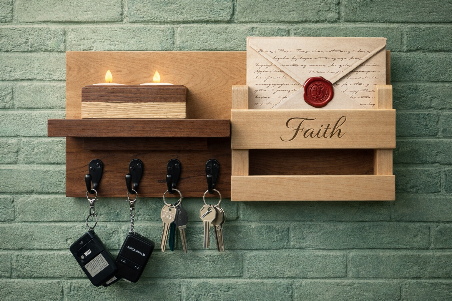 Hardwood Entryway Organizer Shelf with Key Hooks & Mail Slot