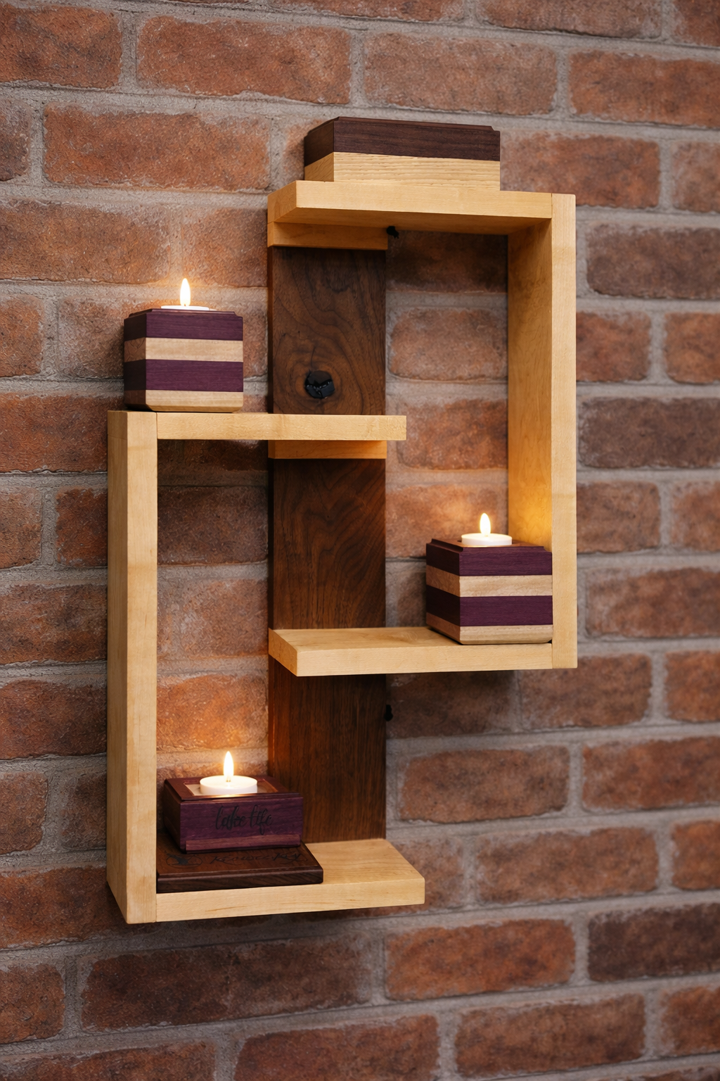 Modern Geometric Floating Shelf – Handcrafted Hardwood Display with Dual-Tone Design