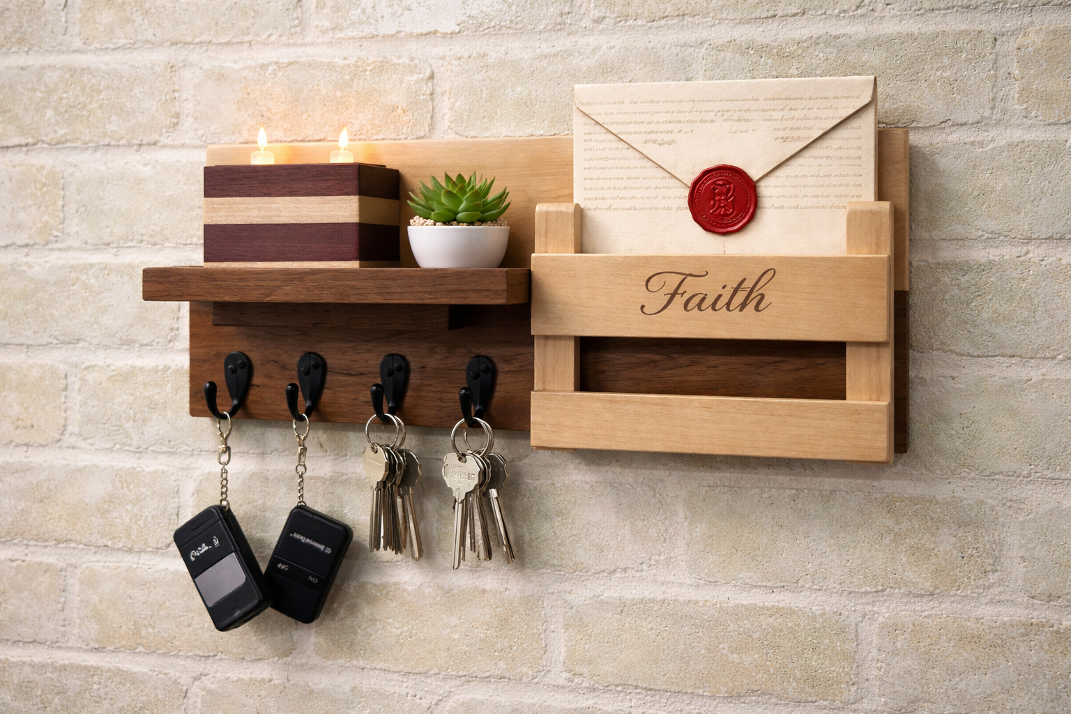 Hardwood Entryway Organizer Shelf with Key Hooks & Mail Slot