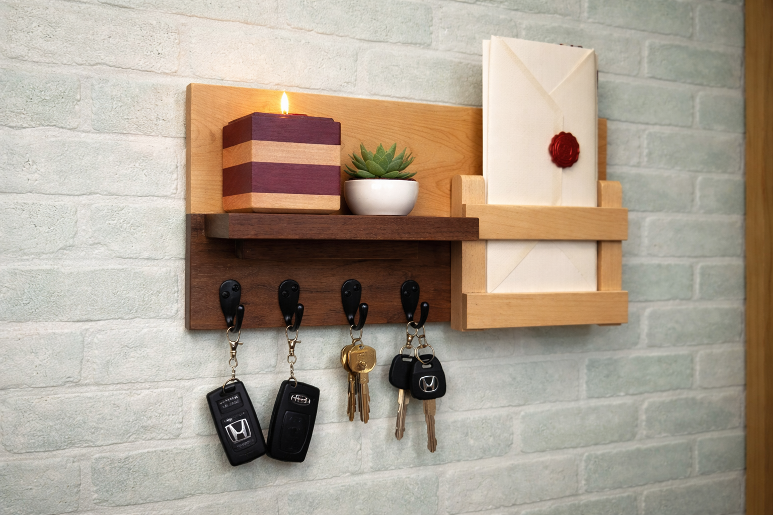 Hardwood Entryway Organizer Shelf with Key Hooks & Mail Slot