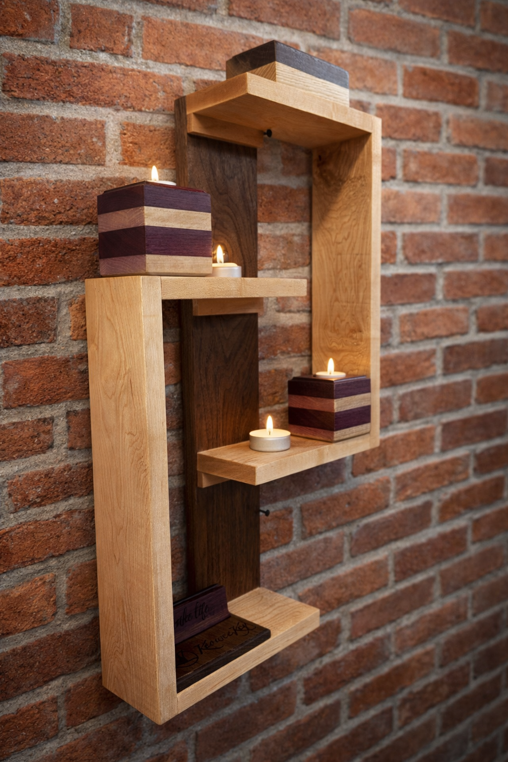 Modern Geometric Floating Shelf – Handcrafted Hardwood Display with Dual-Tone Design